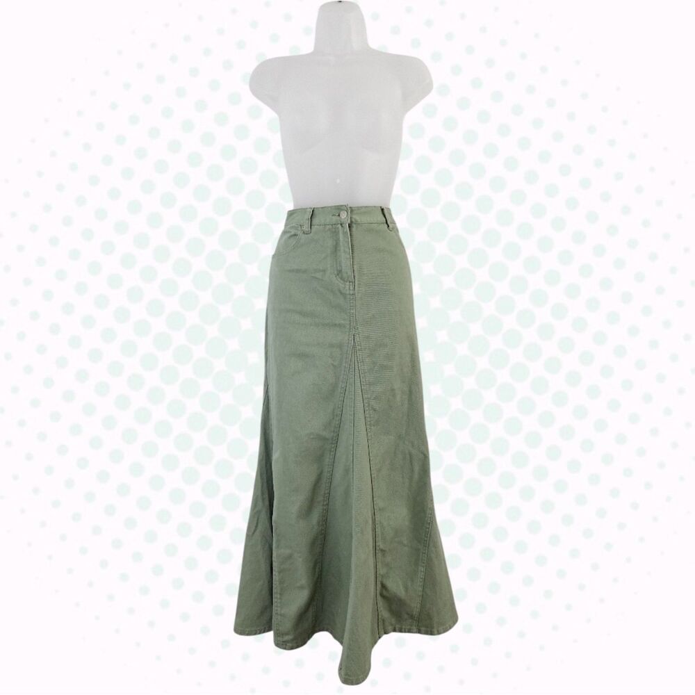 Vintage Y2K Jeanology Light Sage Green High Rise Denim Trumpet Maxi Skirt Size 2